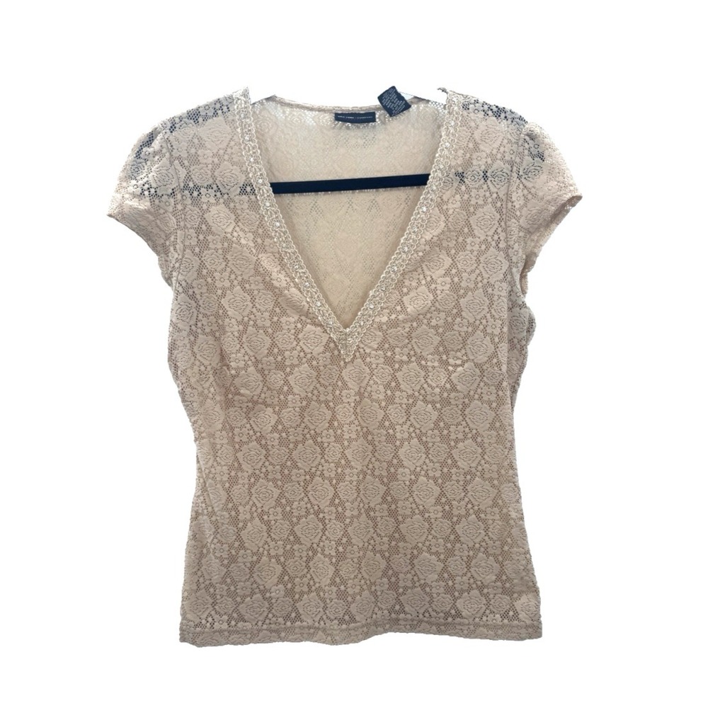 VTG Y2K NY & Co Women Medium Top Mesh All Over Lace Nude Beaded Fairy Coquette